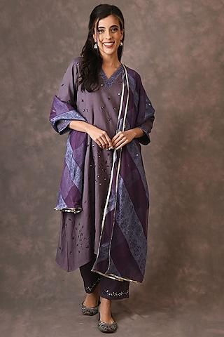 deep purple embroidered kurta set