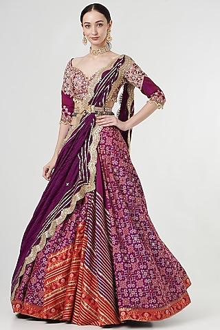 deep purple embroidered pleated lehenga set