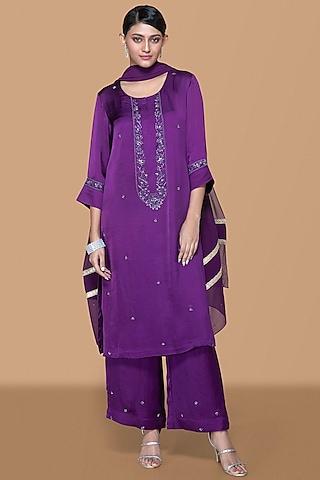 deep purple modal & chiffon hand embroidered kurta set