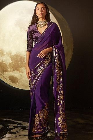 deep purple organza embroidered & printed pre-draped saree set