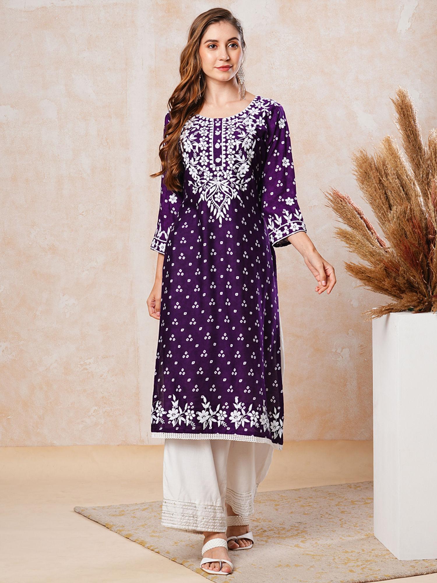 deep purple printed and chikankari embroidered kurta