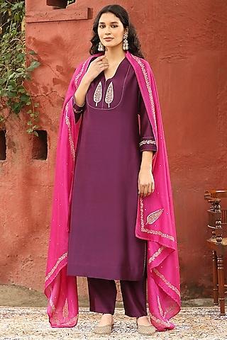 deep purple pure chanderi silk motif embroidered kurta set