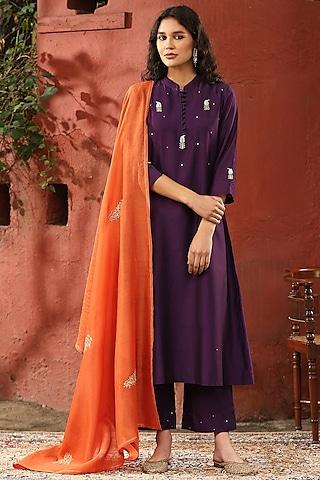 deep purple pure chanderi silk paisley embellished a-line kurta set