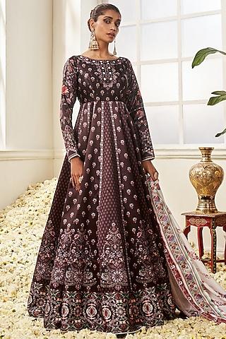 deep purple satin floral printed & floral pearl embellished anarkali set