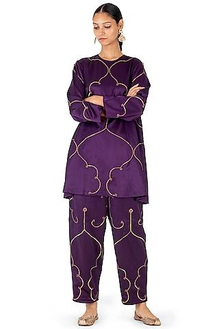 deep purple satin silk dori work & sequins hand embroidered kurta set
