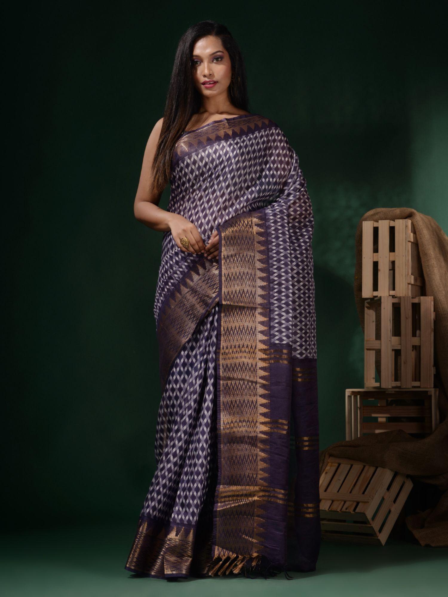 deep purple silk blend checks print saree with unstitched blouse