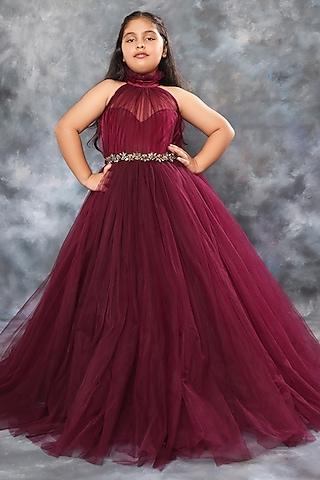 deep purple tulle draped gown with belt for girls