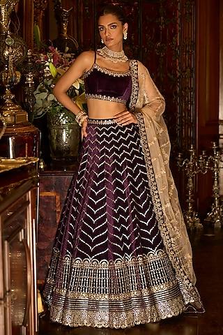 deep purple velvet zari & sequins embroidered lehenga set