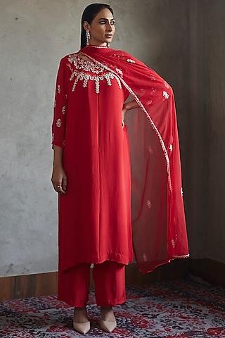 deep red aari embroidered a-line kurta set