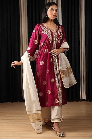 deep red banarasi silk hand embroidered kurta set