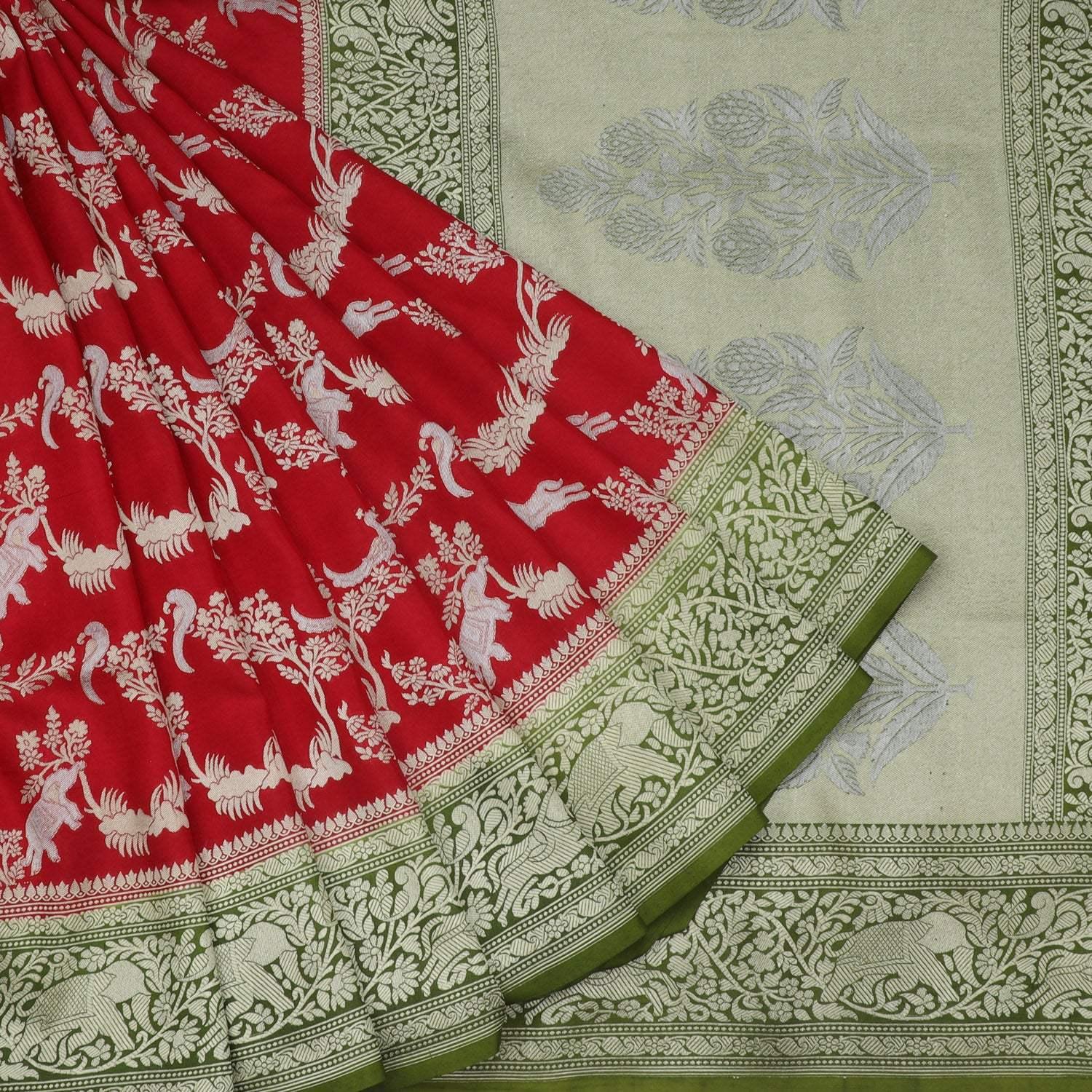 deep red banarasi silk saree with floral pattern