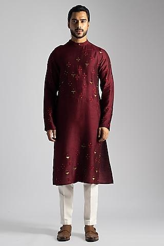 deep red bemberg silk geometric motifs embroidered kurta set