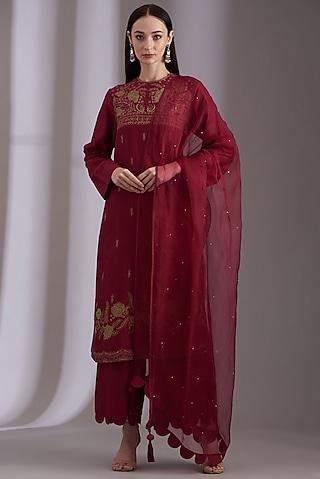 deep red chanderi embroidered kurta set