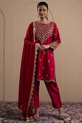 deep red chanderi silk dabka & sequins embroidered kurta set
