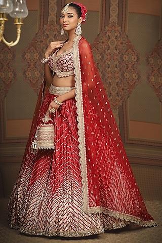 deep red cotton shimmer net gota embroidered crinkle lehenga set