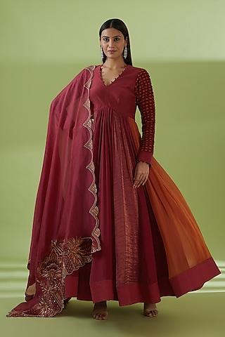 deep red crepe silk & chiffon silk embroidered anarkali set