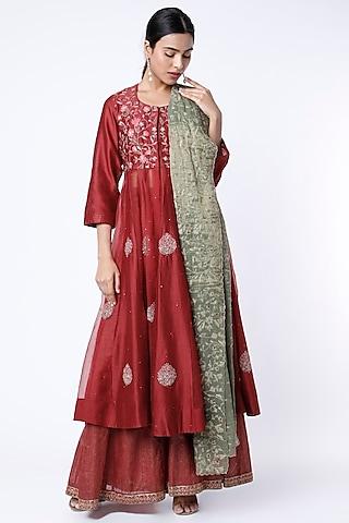 deep red embroidered anarkali set