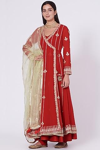 deep red embroidered angrakha anarkali set