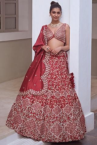 deep red embroidered bridal lehenga set