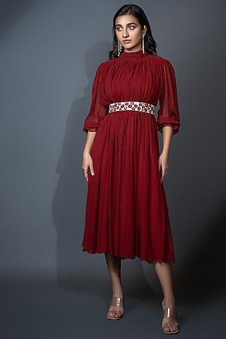 deep red embroidered gown with belt