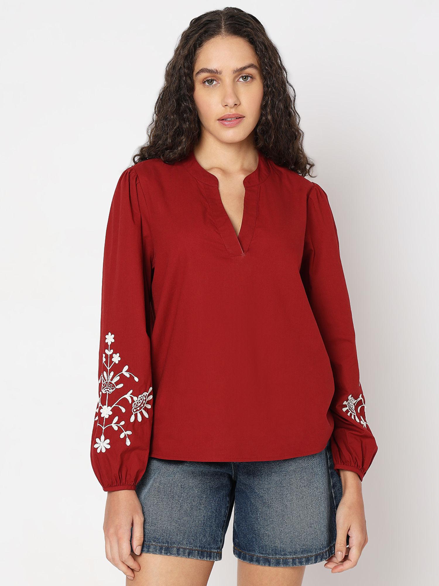 deep red embroidered top