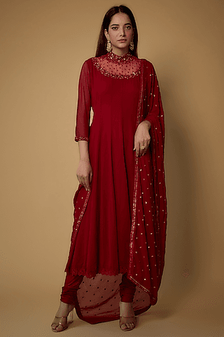 deep red georgette embroidered anarkali set