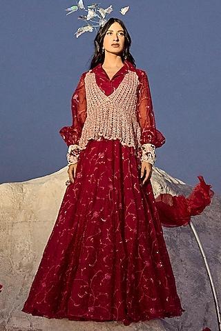 deep red jaal organza embroidered gown with jacket