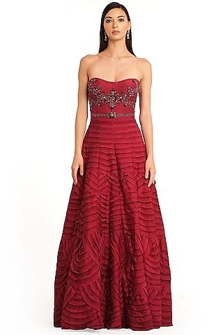 deep red net & raw silk embroidered layered corset gown