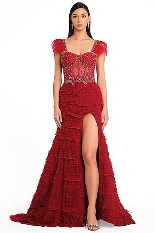 deep red net frill corset gown