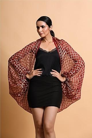 deep red printed cape with balloon sleeves