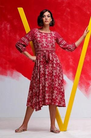 deep red printed flared dress