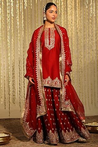 deep red pure silk chanderi dori embroidered sharara set for girls