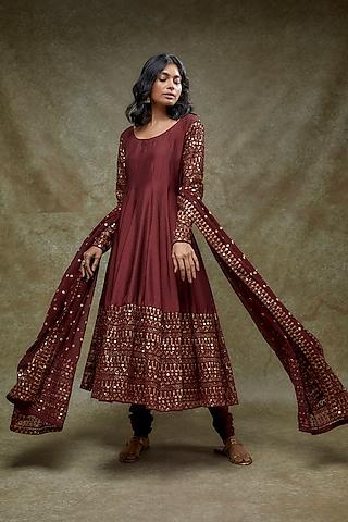 deep red russian silk embellished anarkali set