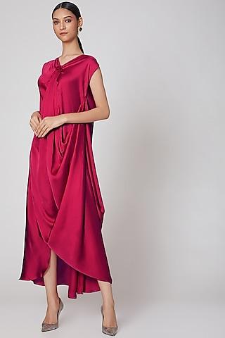 deep red satin silk pleated cowl dress