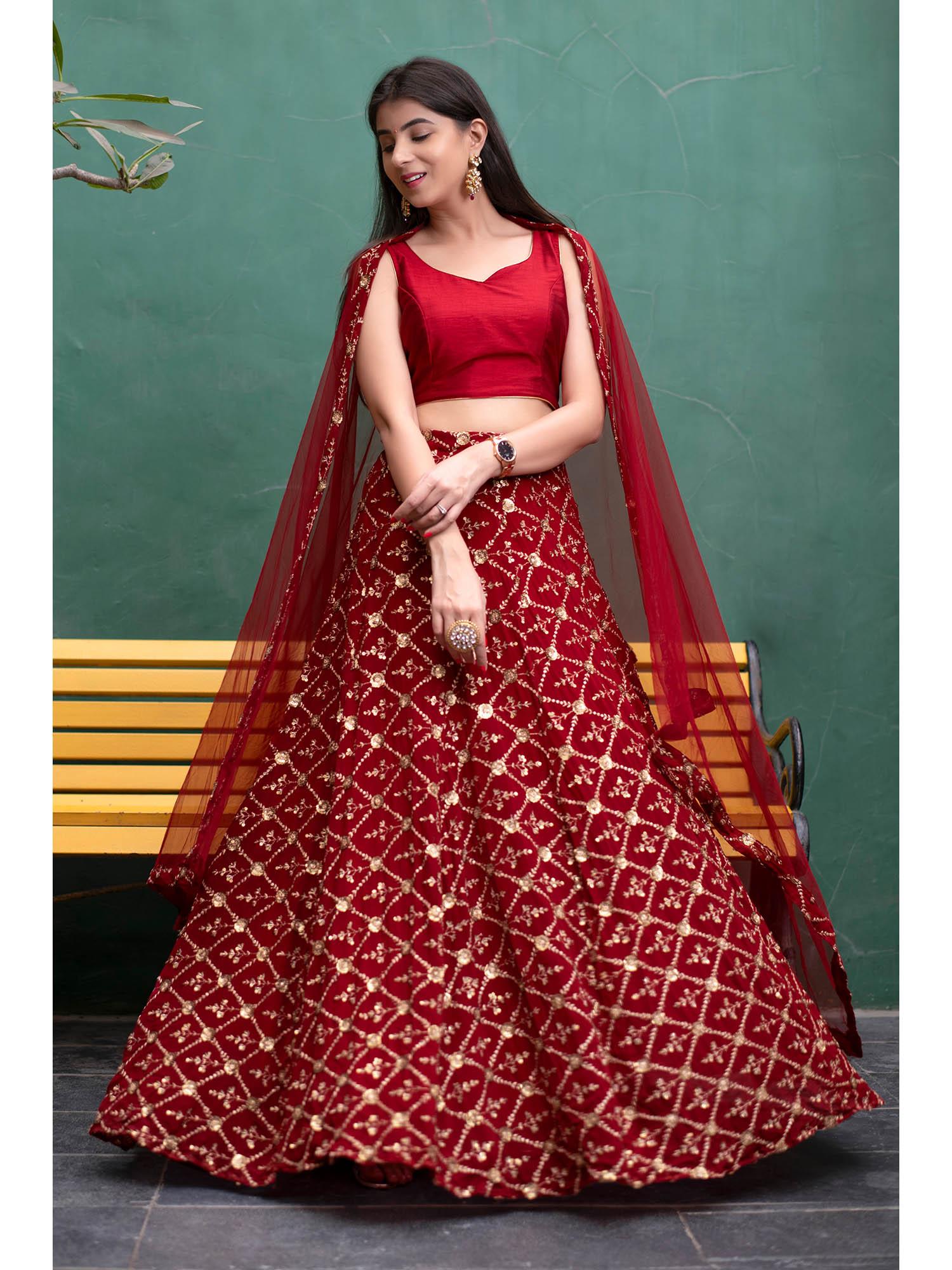 deep red sequin & zari work lehenga & choli with dupatta (set of 3)