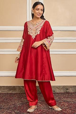 deep red silk chanderi embroidered kurta set for girls