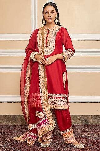 deep red silk chanderi embroidered kurta set