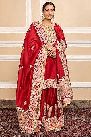 deep red silk chanderi embroidered kurta set