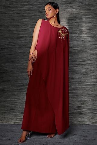 deep red stretch suiting embroidered cape gown