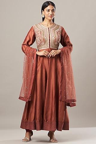 deep rust embroidered anarkali set