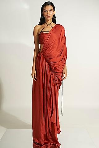 deep rust modal satin asymmetrical draped gown with top