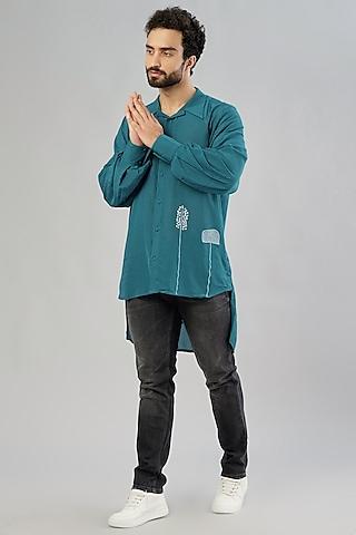 deep space blue embroidered long line shirt