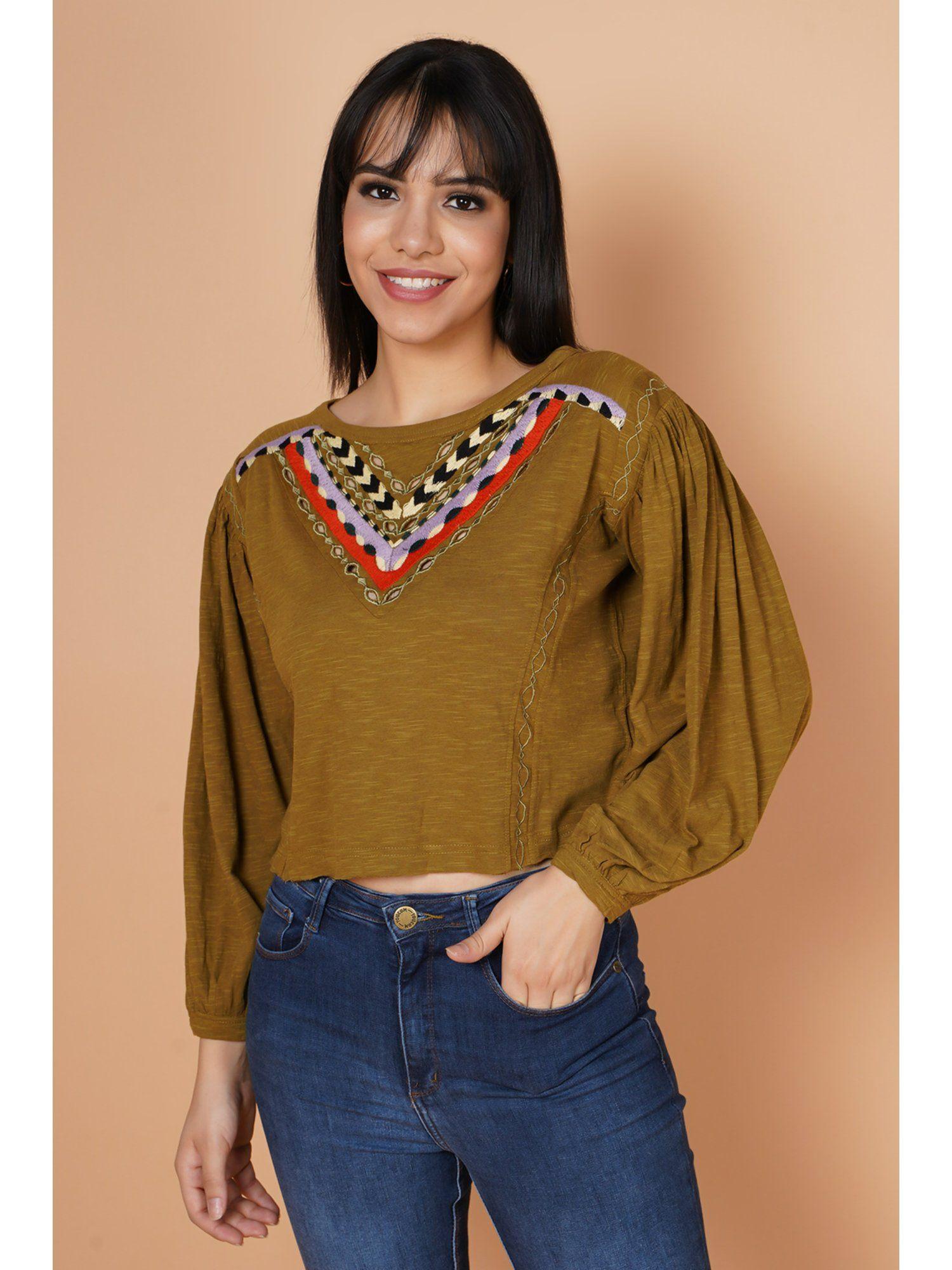 deep swamp embroidered balloon sleeve top