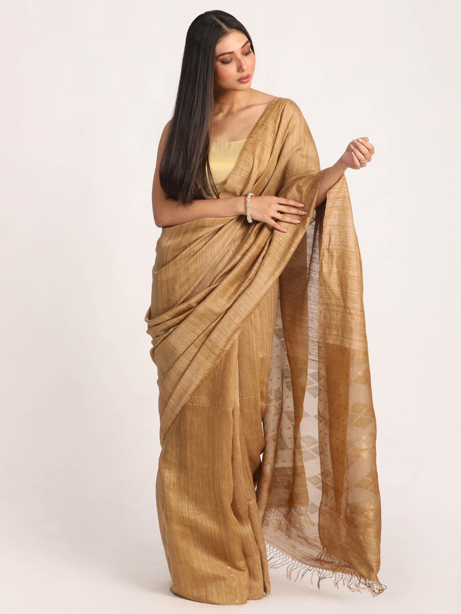 deep tan matka silk handloom traditional jamdani saree with unstitched blouse