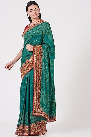 deep turquoise embroidered saree set