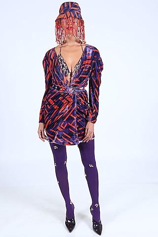 deep violet printed dress with belt