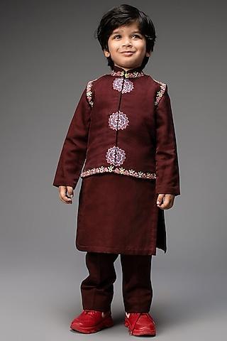 deep wine kurta set with embroidered bundi jacket for boys