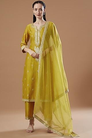 deep yellow embroidered kurta set