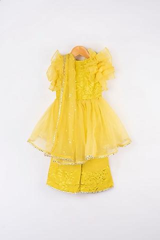 deep yellow embroidered short kurta set for girls