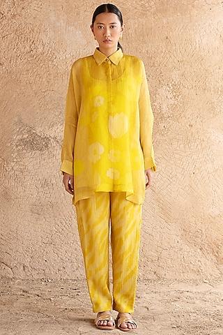 deep yellow shimmer cupro wrinkle & japanese quash printed tunic set